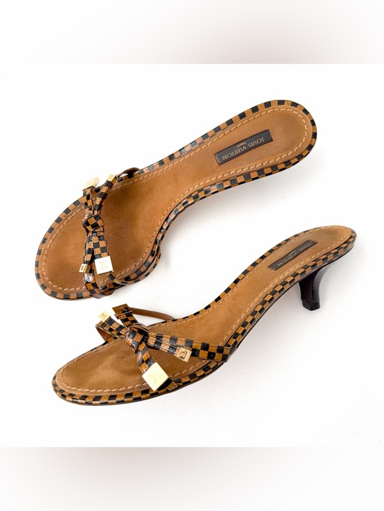 Louis Vuitton Shoes - LOUIS VUITTON | Damier Check Kitten Heel Mule Sandals Gold LV Charm EU 38.5 Y2K